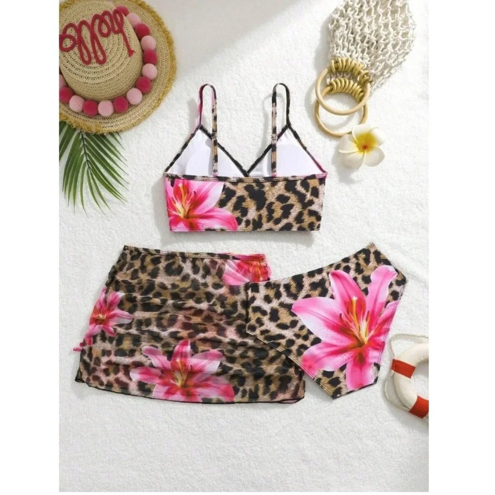 Girls Leopard Floral 3 Piece Swimsuit Bikini Sarong Set Pink Lily Size 12Y